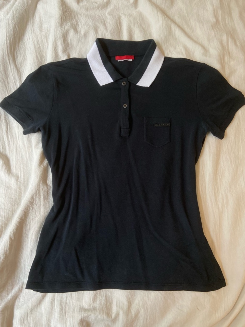Navy Prada Polo Top with White Collar